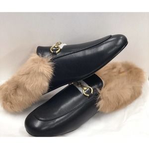 Women's Mules Shoes Slippers Black Faux Leather Faux Fur US8.5 EU40 New in Box!